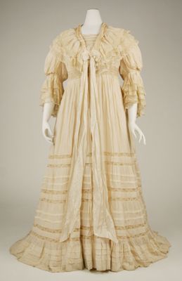 Cream Silk Cotton Morning Dress with Lace