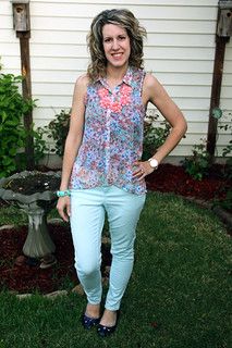 Coral Turquoise Floral Cotton Voile Sleeveless Blouse