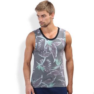 Charcoal Gray Cotton Tank with Tropical Print