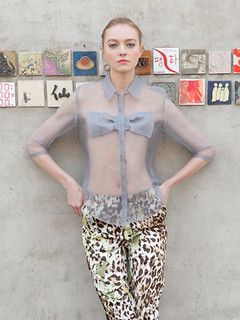 Dove Gray Silk Organza Sheer Button-Front Blouse