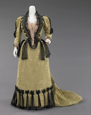 Olive Green Silk Damask Bustle Ensemble