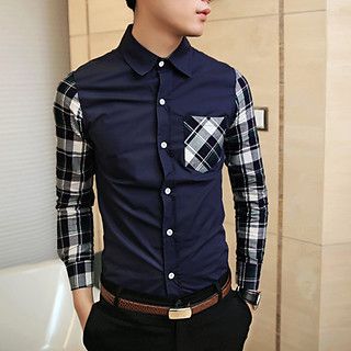 Navy Blue Cotton Blend Hybrid Check Shirt
