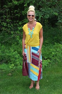 Striped Cotton Blend Straight Midi Skirt