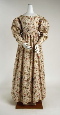 Cream Printed Cotton Morning Dress with Burgundy Green