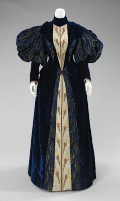 Navy Blue Silk Velvet Tea Gown with Gold Trim