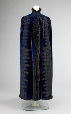 Deep Blue Silk Velvet Evening Cape with Black Trim