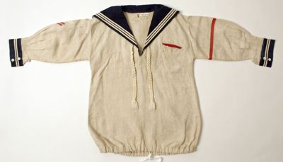 Cream Linen Sailor Blouse with Navy Collar