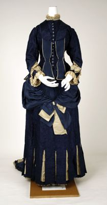 Navy Wool Bustle Day Dress with Cream Trim