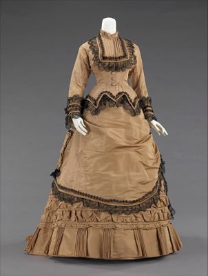 Tan Brown Silk Taffeta Bustle Walking Dress