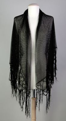 Black Silk Textured Geometric Fringed Evening Shawl