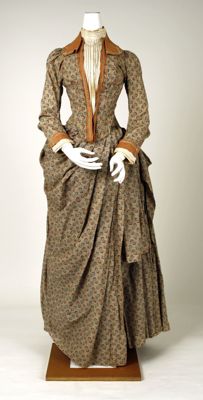 Olive Green Cotton Print Bustle Walking Dress