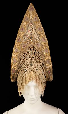 Golden Silk Kokoshnik Headdress with Metallic Thread