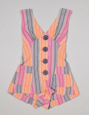 Lee Bender for Bus Stop. Beach suit, woven cotton, grey, pink and orange, 1973
