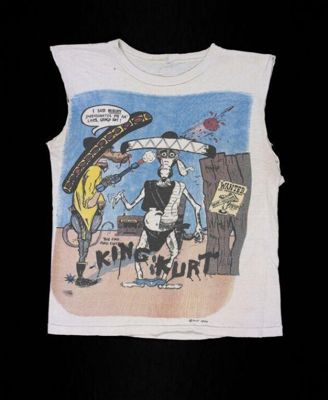 Printed cotton T-shirt, printed by PWP for King Kurt with "Kurt the Rat" artwork by Rory Lyons. Great Britain, 1986