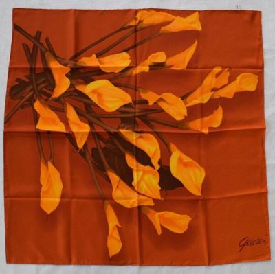 Rust Orange Silk Scarf with Abstract Botanical Print