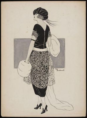 Fashion illustration by Henrietta 'Rita' Mackennal, pencil, black ink, wash and bodycolour on presentation board, London, about 1913-1918