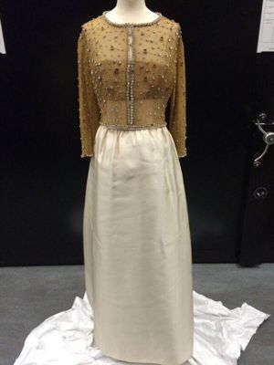 Evening ensemble consisting of silk gabardine dress and belt and embroidered gilt mesh jacket, designed by Cristóbal Balenciaga, Paris, 1963.