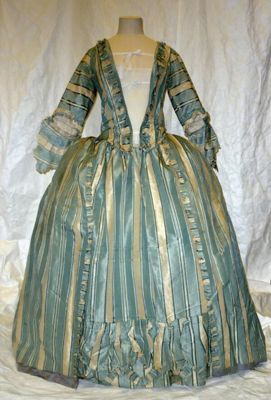 Blue Cream Striped Silk Taffeta Sack-Back Gown