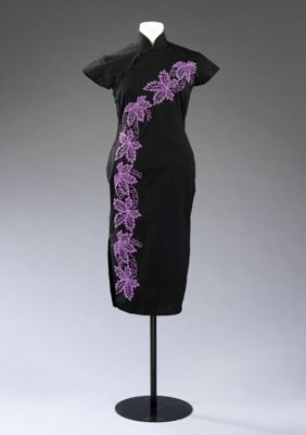 Black Silk Cheongsam with Purple Embroidered Vine Leaves