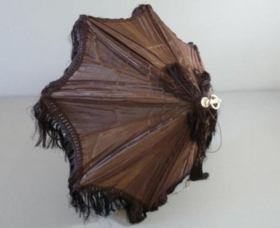 Brown Silk Taffeta Victorian Fringed Parasol