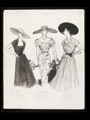 Marcel Fromenti, for <i>The Lady</i>. 1953-54. Three garden party dresses by Jean Patou, Christian Dior and Pierre Balmain.