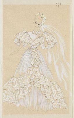White Silk Wedding Gown with Lace Flounces
