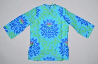 Top, woman's, Thai silk, turquoise green and blue lotus design, 1964
