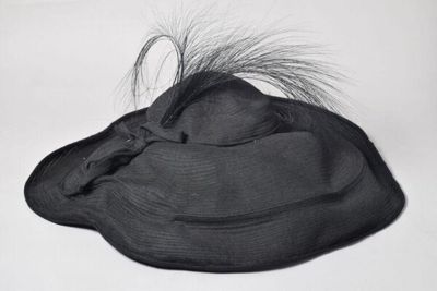 Oyster shell-shaped buckram hat of fine layered net and osprey feathers, with two steel hat pins, made by Svend for Jacques Fath, Paris, 1949