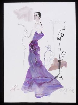 Drawing by David Downton, fashion illustration of Erin O'Connor in a purple couture gown with detailing along the skirt, pencil and felt tip pen on paper, July 2002