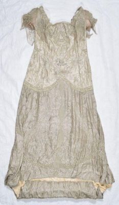Silver Lamé Court Presentation Gown with Glass Pearls