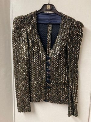 Jacket, black knitted jersey with lurex, with applied strips of black and gold sequins, Biba, worn by Danuta Laughton, Biba, 1972-3