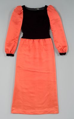 Coral Satin Evening Dress with Black Velveteen Bodice