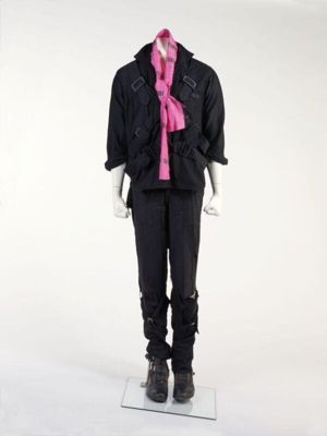 Bondage ensemble, m, black cotton shirt, black cotton trousers, black fabric belt, black terry cloth loincloth and cerise silk scarf, Malcolm McLaren and Vivienne Westwood, Britain, 'Seditionaries' Collection, 1976.