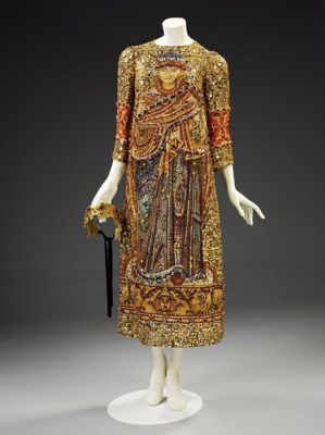 Gold Printed Silk Dress with Sequins and Crystals