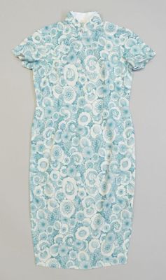 Light Blue Jersey Qipao with White Floral Print