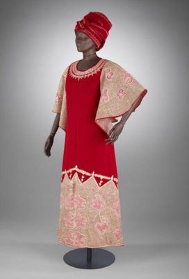 Dress and hat, red synthetic velvet, designed by Shade Thomas-Fahm for Lalage Bown, Lagos, Nigeria, 1977