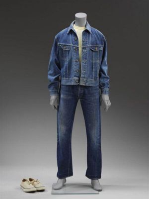 Man's ensemble, 1970-1971, USA; Lee; blue denim jacket; Levi Straus blue jeans. With yellow cotton t-shirt, 1960s, USA, BVD; two printed cotton scarves; black leather belt with metal buckle; pair of Burlington cream calf length wool nylon socks; pair of w