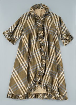 Green Beige Plaid Taffeta Opera Coat with Ruffles