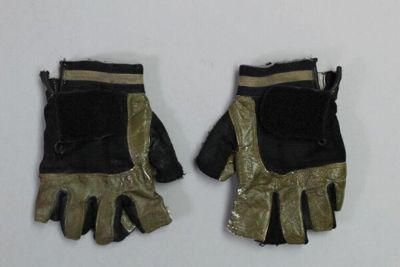 Pair of gloves, fingerless, leather and elastic, part of the "Cyberpunk" outfit from the film "Kika", designed by Jean Paul Gaultier, France, 1994.