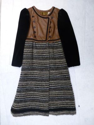 Brown Leather Midi Coat with Black Faux Fur Sleeves