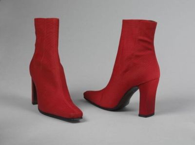 Pair of high-heeled ankle leather boots with a cardboard box, designed by Armando Pollini, Italy, 1997