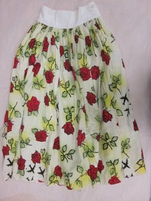 Cream Cotton Gathered Midi Skirt with Floral Print