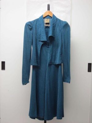 Suit consisting of a jacket and skirt in synthetic jersey with lurex, designed by Biba, London, 1973-74