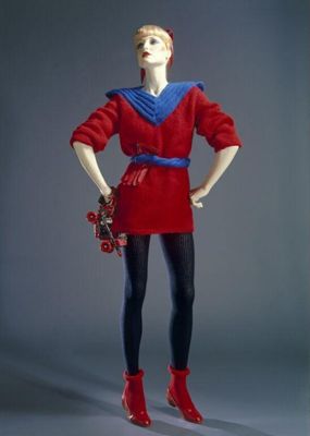 Outfit for a roller disco, Paul Howie, 1979. Knitted jumper and belt, with tights, socks, shoes, roller skates, and gloves