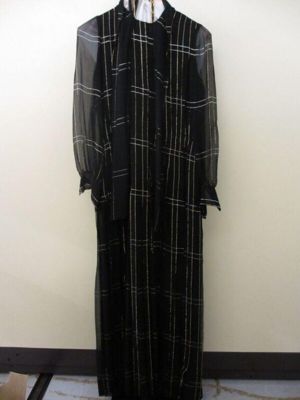 Black Silk Crepe Maxi Dress White Grid Pattern