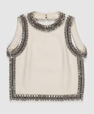 Cream Wool Sleeveless Top with Metallic Embellishment