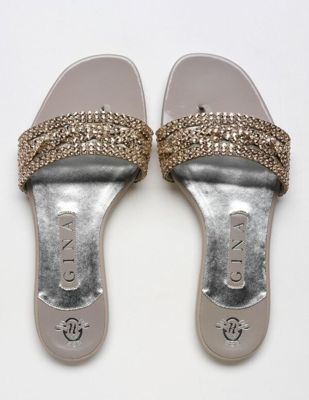 Nude Leather Slide Sandals with Metallic Beading