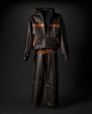 Brown Leather Hip-Hop Tracksuit with Tan Trim