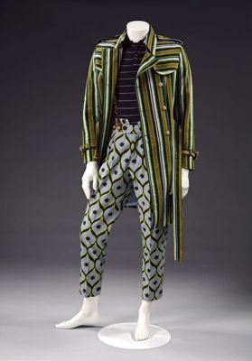 Olive Green Striped Cotton Coat Ensemble