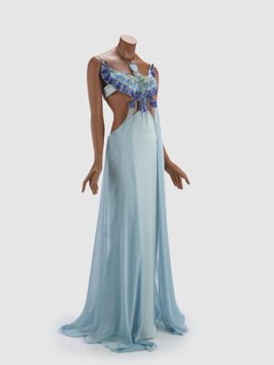 'Horus gown', full length blue silk satin gown with blue chiffon train and glass bead falcon embroidery. Designed by Farah Wali for the Cleo Collection (Cairo, Spring/Summer 2023)